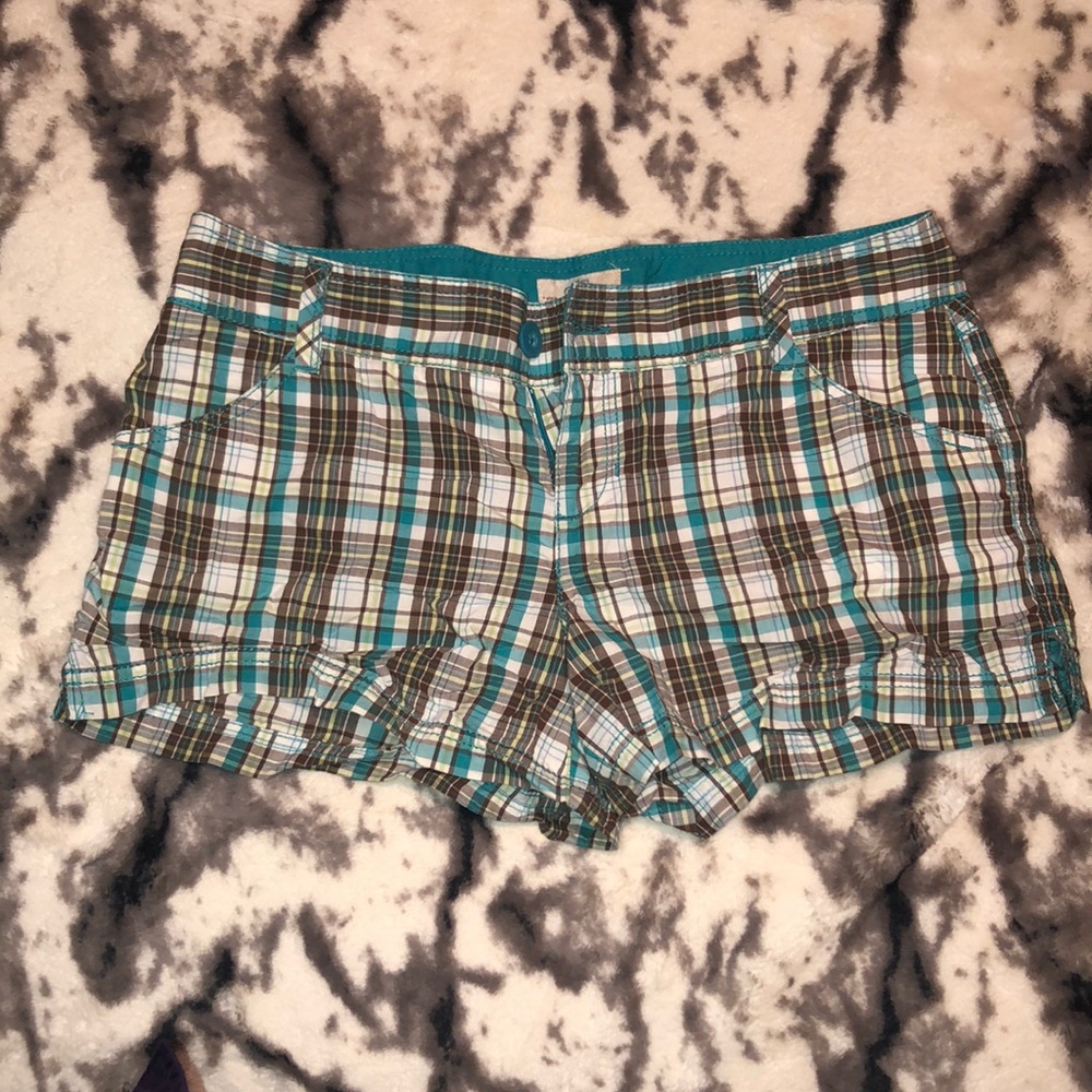 Pretty Plaid SO Junior’s 11 Shorts—Teal & Brown